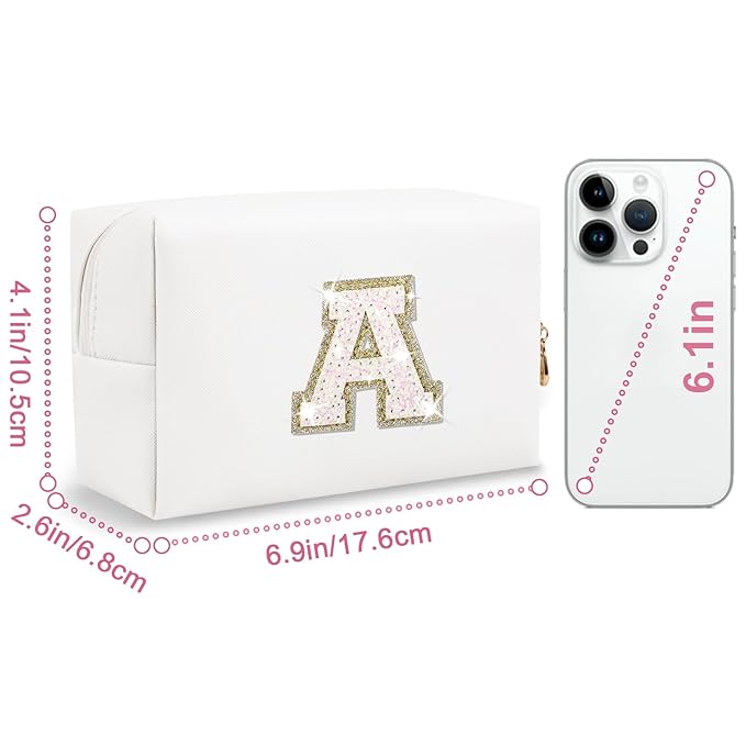 Small Initial Patch Makeup Bag Personalized Gifts Make Up Bag,White Cute PU Leather Glitter Letter Cosmetic Bag with Zipper,Trendy Portable Travel Toiletry Pouch,Preppy Stuff for Teen Girls Women A