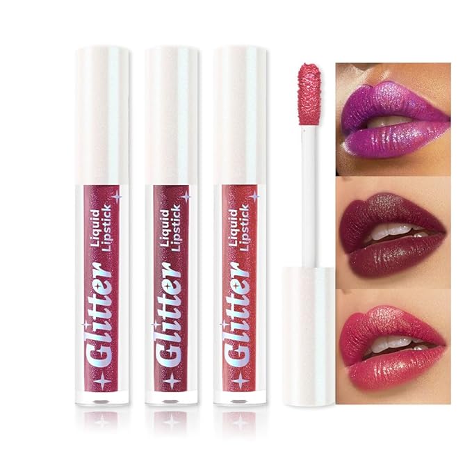 3Pcs Metallic Lipstick for Women,Lightweight Glitter Sparkling Liquid Lipsticks,Shimmer Lip Gloss Stain Long Lasting Waterproof Smudge Proof Non-Drying 24 Hour Full Coverage Lip Makeup,Vegan