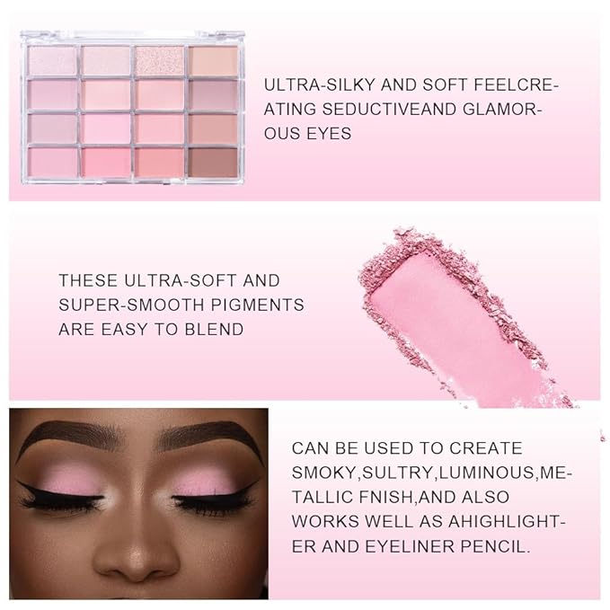 AMY'S DIARY 16 Colors Rose Pink Nude Eyeshadow Palette – Matte & Shimmer Finish – Warm Peach, Mauve, Champagne & Brown Tones – Highly Pigmented, Blendable, Travel Size for woman