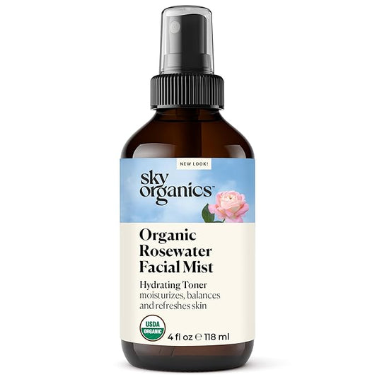 Sky Organics Organic Rosewater Facial Mist for Face, 100% Pure & Steam-Distilled USDA Certified to Hydrate, Balance & Refresh, 4 fl. Oz