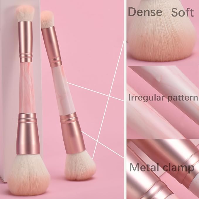 4PCS Pink Dual-Ended Makeup Brushes Set, Soft Synthetic Fiber Foundation Concealer Blending Eyeshadow Kabuki Brush, Travel-Friendly with Pouch, Vegan & Cruelty-Free