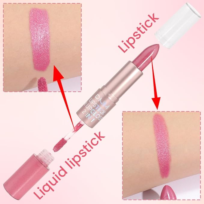 evpct 2 in 1 Rose Pink Glitter Metallic Shimmer Diamond Lipstick and Lip Gloss Set for Women Long Lasting Waterproof, Baby Nude Pink Sparkle Glitter Shiny Lipstick and Lip Liner Makeup Set, 06#
