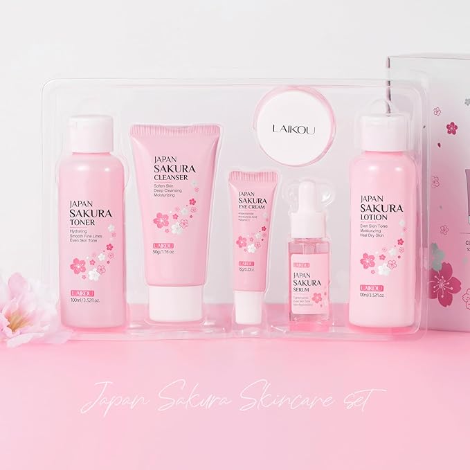 Skin Care Set JAPAN SAKURA Women Beauty Gift Sets Skin Care Kit with Cleanser, Toner, Lotion, Serum, Eye Cream, Face Cream Travel Kit for Women Teen Girls Mom Daughter TSA-friendly Sizes 6pcs