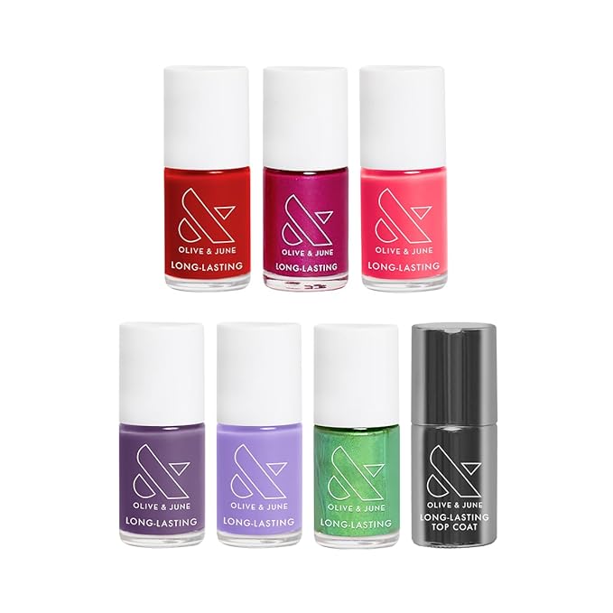 Olive & June Bolds Long Lasting Nail Polish Set | Includes 6 Shades (Bold & Unshaken, Art Class, Because I'm Green, Lily Blooms, CV, Hot Strawberry) + Top Coat | Vegan, Cruelty-Free | Salon-Quality
