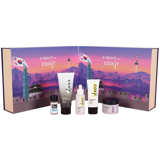 coxir K-Beauty Seoul Glow Set – 5-Step Korean Skincare Routine with TXA & Black Rice – Cleansing oil, Mask Cleanser, Ampoule, Balm & Moisturizer – Deep Hydration, Radiant Glass Skin Gift Set