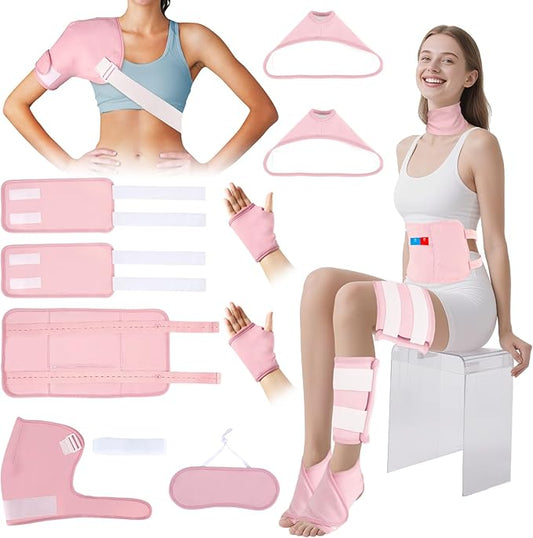 Castor Oil Pack Wrap, 9 Pcs Organic Castor Oil Packs Kit for Entire Body Neck Shoulder Waist Back Hand Knee Leg and Feet, Reusable Pads Kit for Hot/Cold Castor Oil Compress for Woman/Man【Pink】