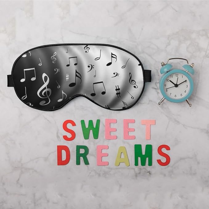 Music Notes Sleep Eye Mask Black White Gray Shadow Silk Eye Mask Sleeping Soft Eye Shade Cover for Men Women Boy Girl Airplane Travel with Elastic Strap