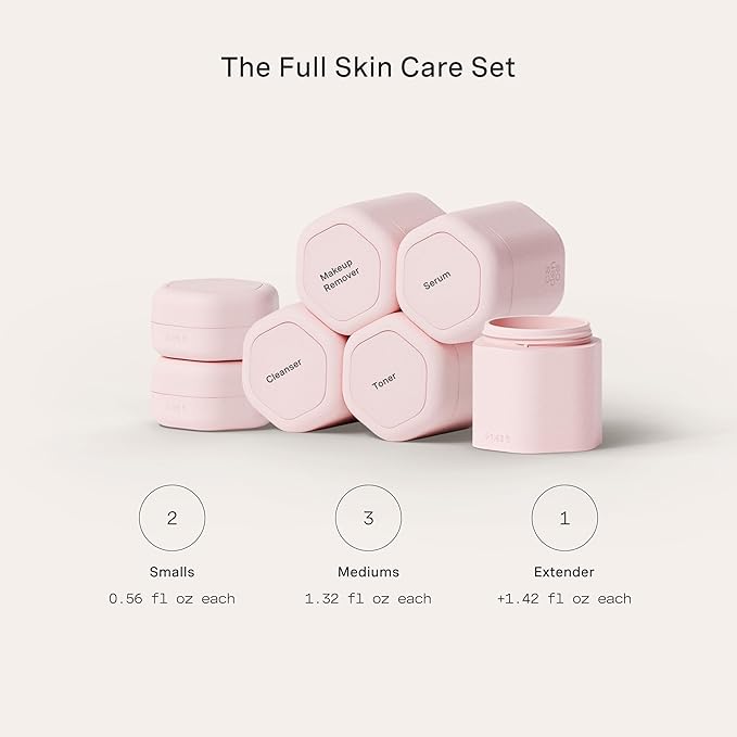 Cadence Travel Containers - Full Skincare Set - Magnetic Containers with Lids,Carry On Travel Essentials For Women/Men - 2 Small (0.56oz), 4 Medium Capsules (1.32oz), & Extender (1.43oz) - Petal