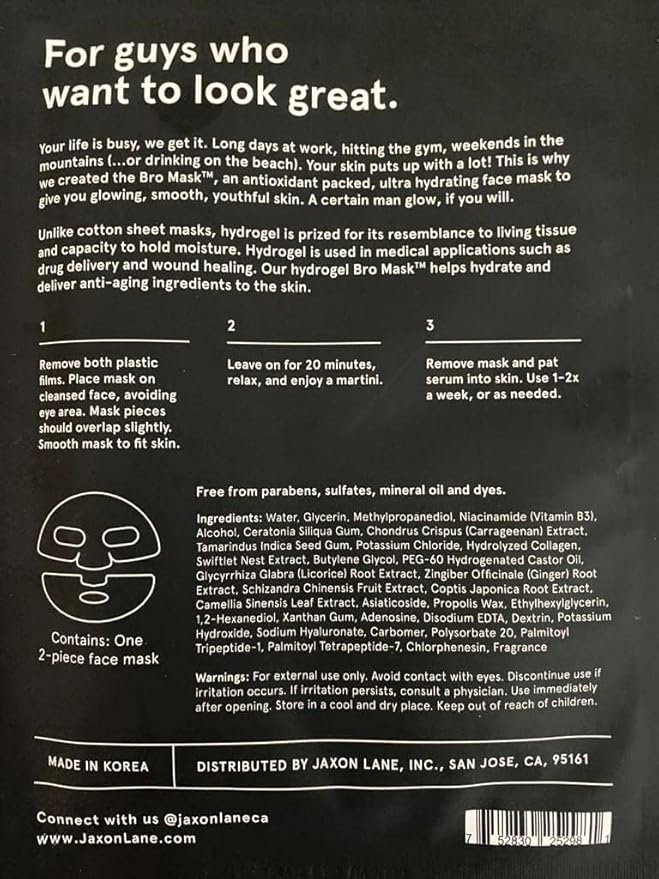 JAXON LANE BRO MASK: Korean Face Mask for Men | 2 Pc. Hydrating Anti Aging Sheet Masks Contain Vitamin C, Vitamin E, Hyaluronic Acid, Hydrolyzed Collagen for Face Care, Acne Treatment (4 X 4 Packs)