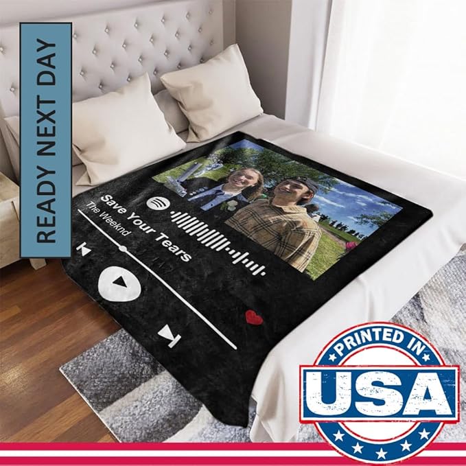 Ships Next Day-Printed in USA, Spotify Code Music Blanket with Photo for Boyfriend and Girlfriend Gifts, Picture Blankets Wife Birthday Photo Gifts
