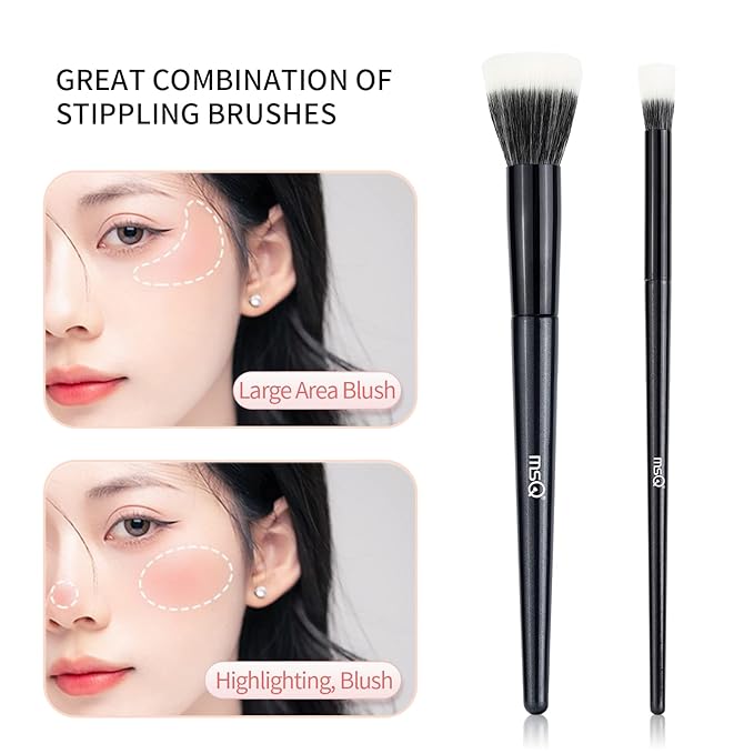 MSQ Stipple Blush Brushes, 2PCS Duo Fiber Stippling Brush Flat Top Double Stipple Makeup Brush, Great for Blending, Highlight, Blush,Contour, Cream, Foundation,Smooth & Natural (Black Stipple)