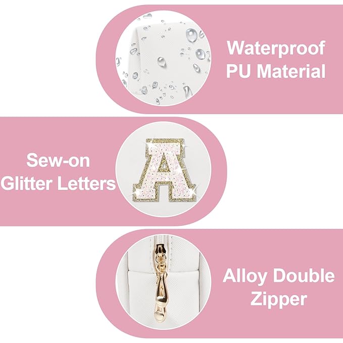 Small Initial Patch Makeup Bag Personalized Gifts Make Up Bag,White Cute PU Leather Glitter Letter Cosmetic Bag with Zipper,Trendy Portable Travel Toiletry Pouch,Preppy Stuff for Teen Girls Women A