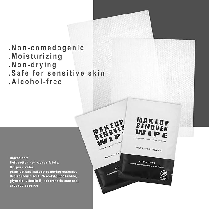 200 Count Makeup Remover Wipes Individually Wrapped Makeup Wipes Bulk Face Cleansing Wipes,Individual Wet Wipes, Travel Towelette Makeup Remover Cloth for Face Cleansing Skin Care Remove Makeup(Black)