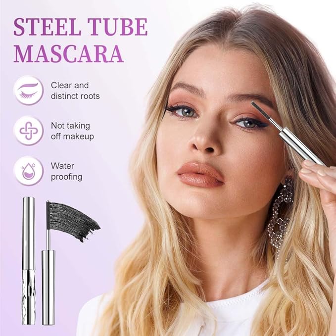 Iron Wand Mascara Waterproof, Metal Wand Mascara Tubing, Long Lasting 3D Curling Eyelash, Eyes Makeup Smudge-Proof Separated Lashes Natural Length (1PCS Black)