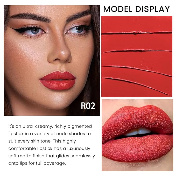 evpct 1Pcs Ruby Orange Red Lipstick, Silky Velvet Matte Lipstick Pack Sets for Women, Long Lasting Smudge Proof Lipstick Lip Stain Makeup Kit matte lipstick 24 hours original R02