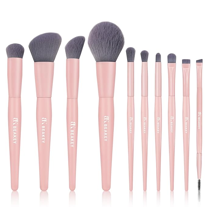 BEAKEY Pink Makeup Brushes Set–10 Pcs Taklon Bristles for Foundation Powder Blush Contour Eyeshadow & Concealer with Durable Birch Handles