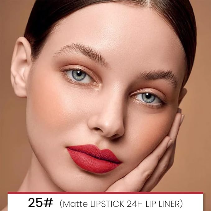 evpct 1Pcs Ruby Red Matte Lip Liner and Lipstick Combo Set Kit for Women, Magic Neutral Lipsticks 24 Hours Original Lipstick and Lips Liner Pencil Stain Gloss Makeup Long Lasting Waterproof, 25#