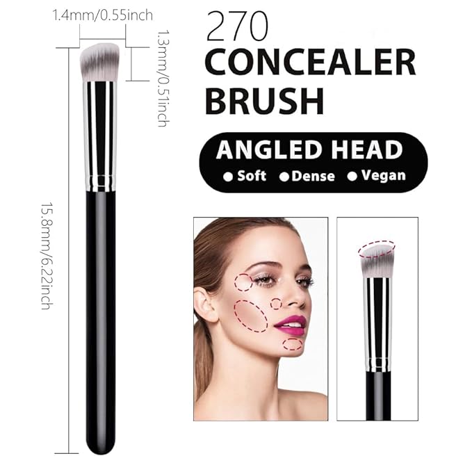 5Pcs Concealer Brush Set, Dense Mini Angled Kabuki Brush for Blending Under Eye Concealer, Detailed Nose Contour Setting Powder, Foundation & Eyeshadow, Cruelty-Free, 270