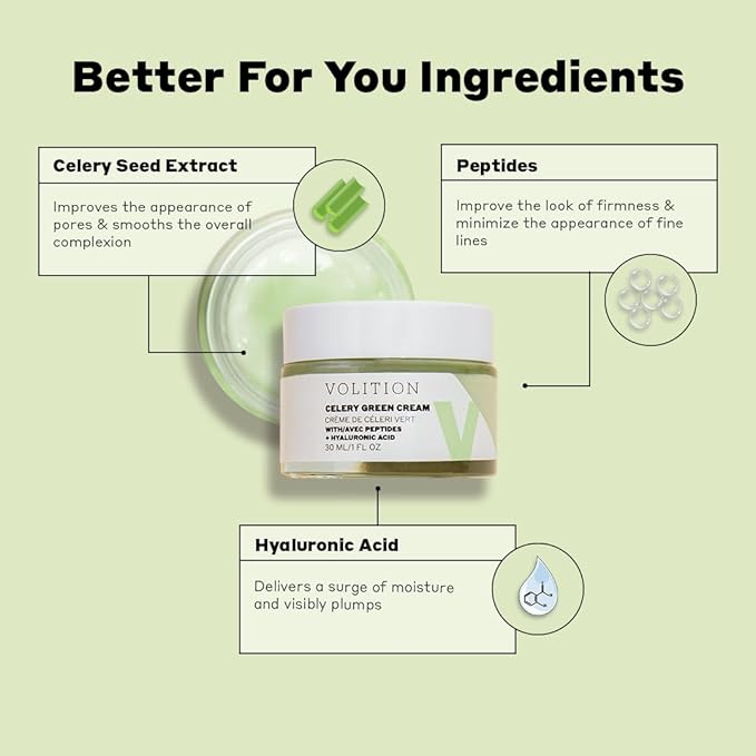 Volition Beauty Celery Green Cream with Hyaluronic Acid + Peptides - Purifies, Minimizes Pores and Controls Oil - 1oz
