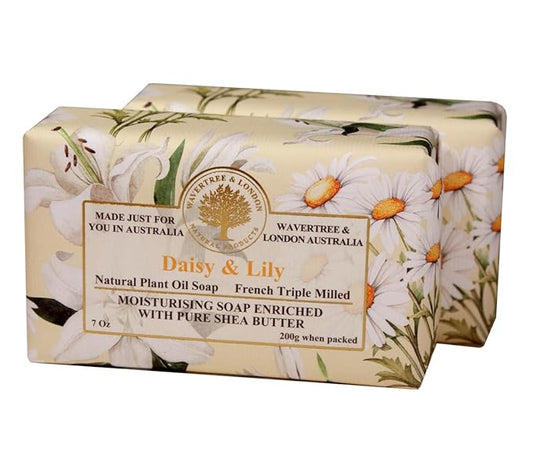 Wavertree & London Daisy & Lily Scented Natural Soap (2 Bars), 7oz Moisturizing French Triple Milled Soap Bars enriched with shea butter - Pure Plant Based Bath & Body Bars for All Skin Types