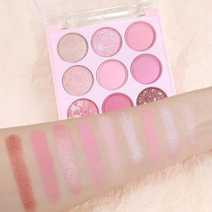 Pink Shimmer Eye Shadow Makeup Palette 9 Colors, Highly Pigmented Matte Glitter Shimmer Pearl Waterproof Party Sparkling Eyeshadow Palette for girl (9 Colors pinks)