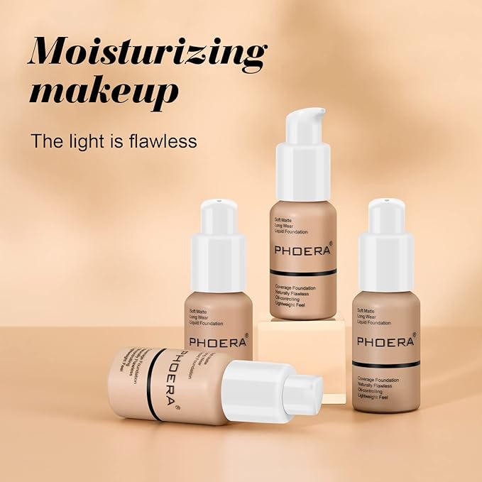BestLand 5PCS Liquid PHOERA Foundation Set Matte Liquid Full Coverage Oil Control Breathable Invisible Cover Concealer with Face Primer, Foundation Brush, Makeup Sponge (102 Nude)