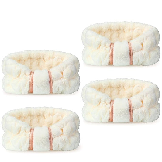 WILLBOND 4 Pack Microfiber Headbands Spa Facial Headbands Makeup Head bands Elastic Terry Cloth Head Wrap for Women Girls Washing Face Makeup Shower Yoga Sports(Beige)