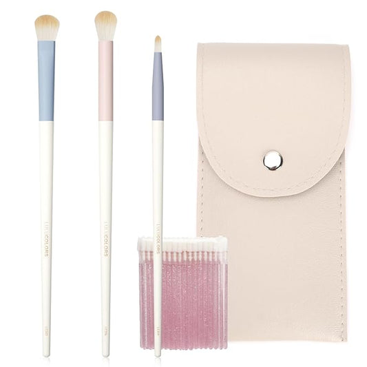 3-Piece Eye Makeup Brush Set with 20 Cotton Sticks – Soft, Dense Synthetic Bristles, Professional Eyeshadow Blending Brushes for Smooth Application – Includes Storage Pouch