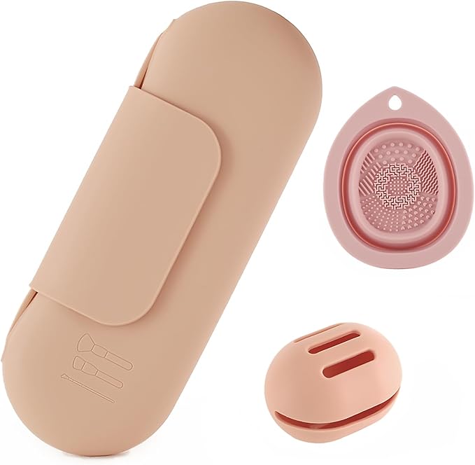 Silicone Makeup Brush Holder Set – Portable Travel Makeup Brush Holder with Makeup Sponge Holder and Foldable Cleaning Bowl – Upgraded 3-in-1 Cosmetic Organizer Set (khaki)