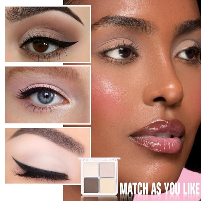 4 Colors Beige Nude Brown Pink Yellow Eye Shadow Powder Palette Makeup, Neutral Travel Matte Shimmer Creme QuadsEyeshadow Palette for Women Highly Pigmented Waterproof, paleta de sombras de ojos 01