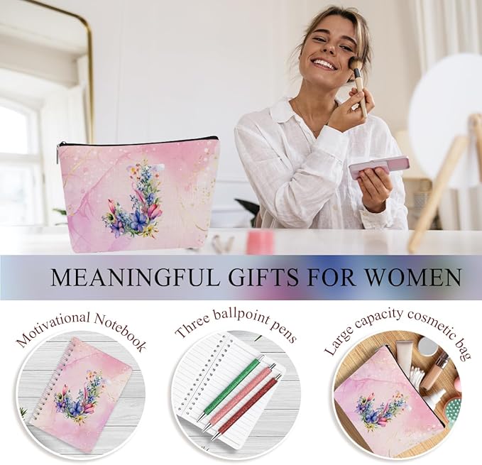 Personalized Gifts Monogrammed Birthday Gifts for Women, Maid of Honor Bachelorette Wedding Christmas Initial 20 oz Tumbler, Makeup Bag Cup Pens Journal Notebook 6 Set, (Aesthetic Pink Flower J)