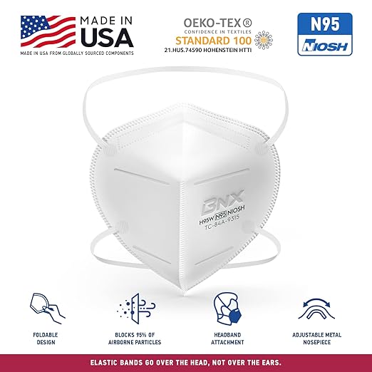 BNX N95 Mask NIOSH Certified MADE IN USA Particulate Respirator Protective Face Mask (10-Pack, Approval Number TC-84A-9315 / Model H95W) White