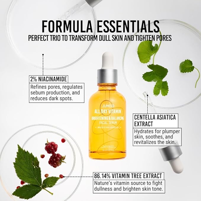 JUMISO All Day Vitamin Serum, Brightening & Balancing Facial Serum 30ml, 1.01 fl oz, 86.14% of Vitamin Tree Extract, 20,000ppm of Niacinamide
