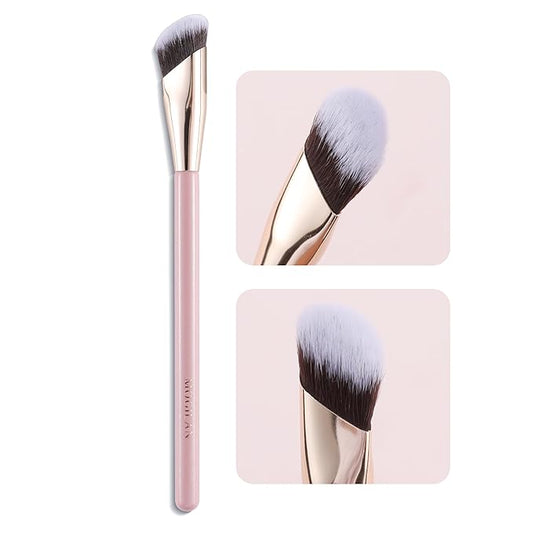 Concealer Brush with Travel Cover – Angled Under Eye Makeup Small Foundation Precision Face Blending Brush for Color Corrector & Nose Contour, Soft Vegan Bristles for Sensitive Skin (PINK)