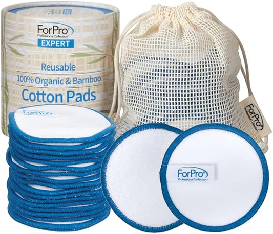 ForPro Professional Collection Expert Reusable Cotton Rounds (20 Pack), 100% Organic and Bamboo Makeup Remover Pads, Includes Drawstring Laundry Bag and Storage Container