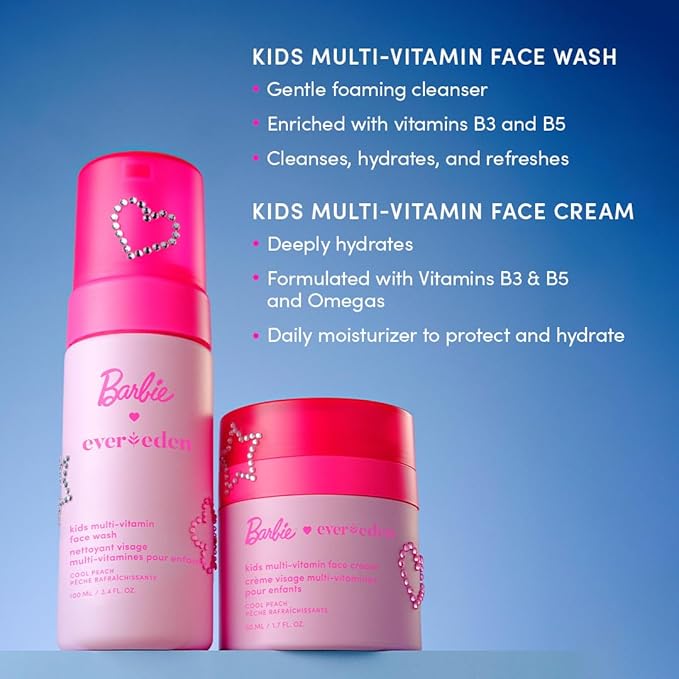 Evereden Barbie Limited Edition Kids Happy Face Duo + Exclusive Barbie Accessories | Multi-Vitamin Kids Face Wash & Cream Set with Stickers + Bracelets | Clean, Vegan Skin Care for Children 3+