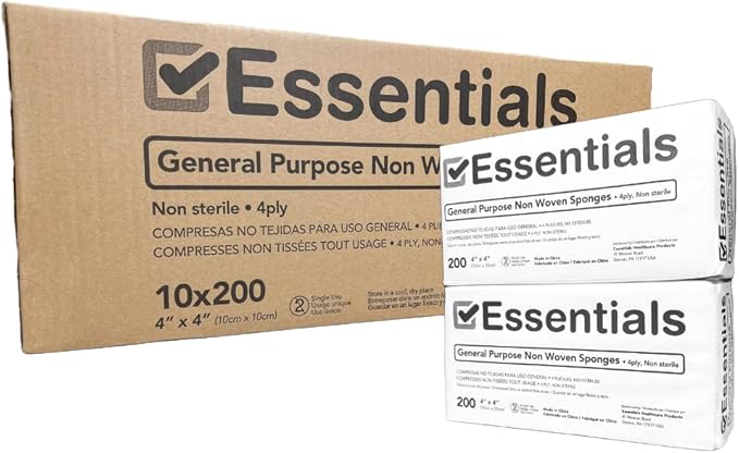 Essentials Non-Sterile Gauze Sponges – One (1) Full Case (10 Packs of 200), 4-Ply, 4’’ x 4’’ Pads, One Package, Non-Woven Sponges, Wound Care Product for First Aid Kit/Medical Facilities