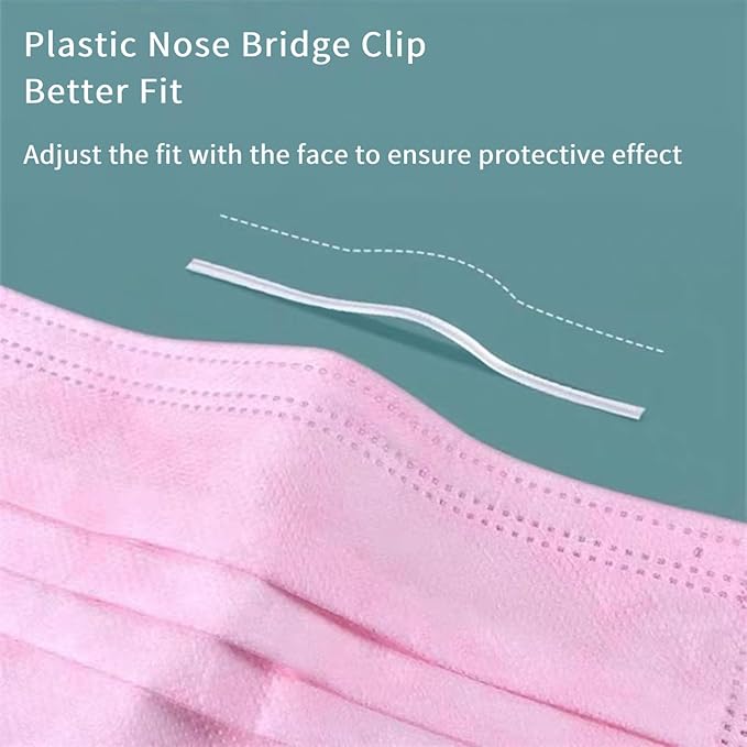 50 Pack Pink Disposable Face Mask for Adults, Solid Pink Breathable 3-Ply Earloop Full Face Protection for Women & Teen Girls