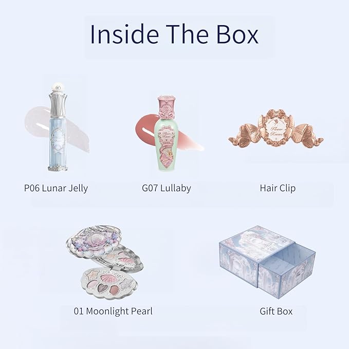 Flower Knows Seashell Fairytales 5 Pack Makeup Gift Set,Lip Glaze*1+Lip Gloss*1+Eyeshadow*1+Hair Clip*1+Gift Box*1,Perfect Makeup Gift for Girls & Women