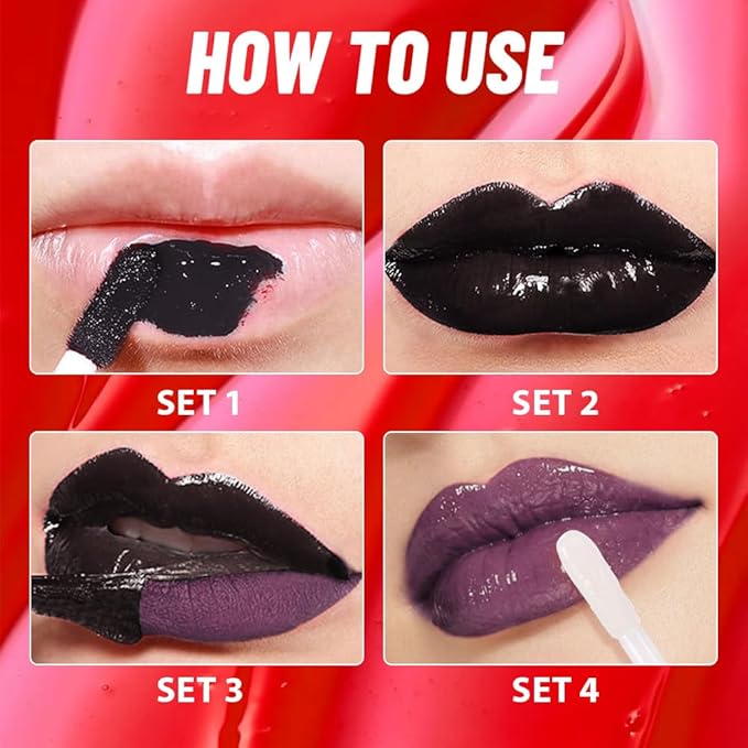 Dark Purple Peel off Lip Stain Lip Oil Dual Ended Combo Set with Tweezer, 2 in 1 Lips Liner Stain Oil Long Lasting Waterproof, High Pigmented Flawless Lips Tint Stick Not Faded Vegan & Cruelty-free
