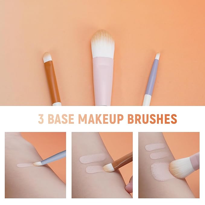 Colorful 3-PCS Foundation Brush Set with Latex-Free Makeup Sponge and Travel Pouch-Soft,Cruelty-Free Synthetic Bristles, Brushes for Foundation, Concealer, and Detail Application