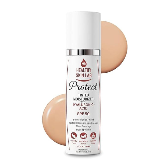 Protect Tinted Moisturizer & Mineral Sunscreen SPF 50, Anti-Aging, Lightweight Makeup With Broad Spectrum UV Protection + Hyaluronic Acid, Dermatologist-Tested, All Skin Types, 1.8 oz