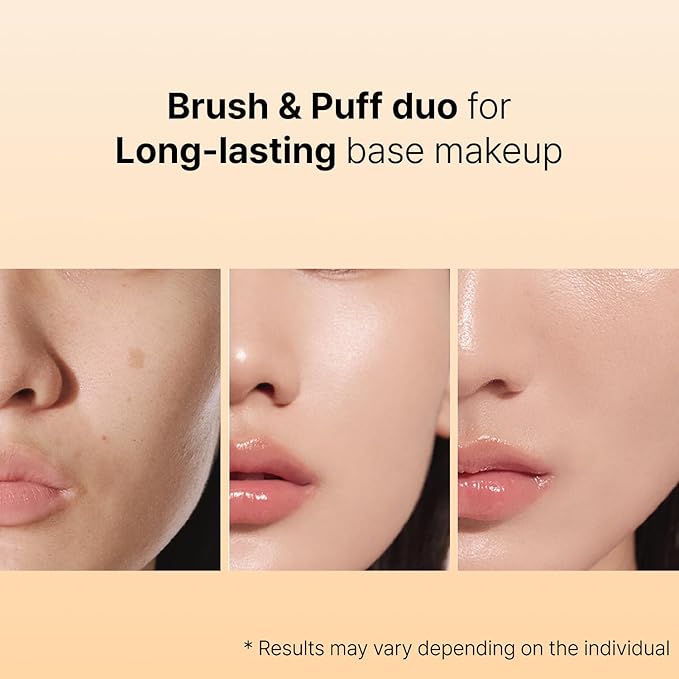 THE TOOL LAB All Day Fitting Duo (Glow type) - Premium Base Makeup Set for Liquid Cream Powder Foundation, Buffing Blending Face Brush, Sponge, Portable Case - 1.1" Flat Top Brush