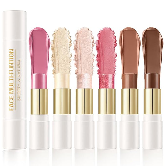 6 Colors Cream Contour Sticks Set, Shades with Highlighter, Bronzer and Blush, Double Ended Contour Sticks for Cheeks,Long Lasting, Waterproof and Matte Finish Makeup Kit (SET A)