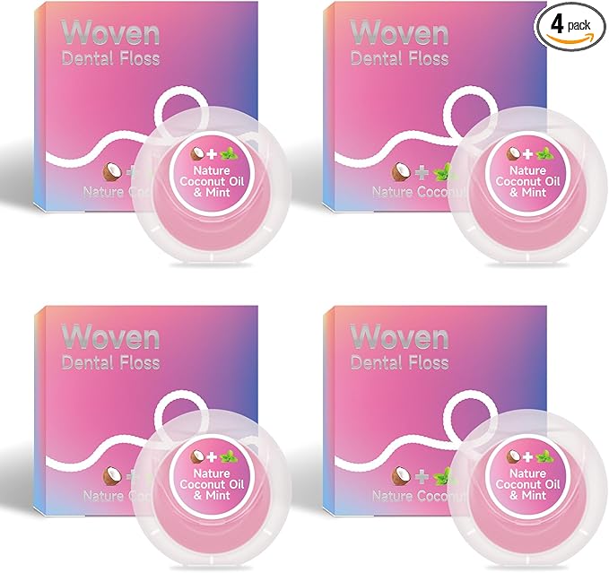 Dr. Emma Woven Dental Floss Coconut Oil Infused Expanding Dental Floss, Oral Care Stretchable Floss, Mint 33yd Pink, Pack of 4