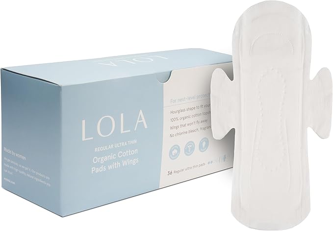 LOLA Non-Toxic Cotton Pads for Women - 36 Count Regular Absorbency Ultra Thin Menstrual Pads with Wings, HSA FSA Approved