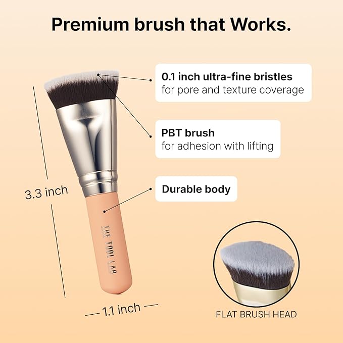 THE TOOL LAB All Day Fitting Duo (Glow type) - Premium Base Makeup Set for Liquid Cream Powder Foundation, Buffing Blending Face Brush, Sponge, Portable Case - 1.1" Flat Top Brush