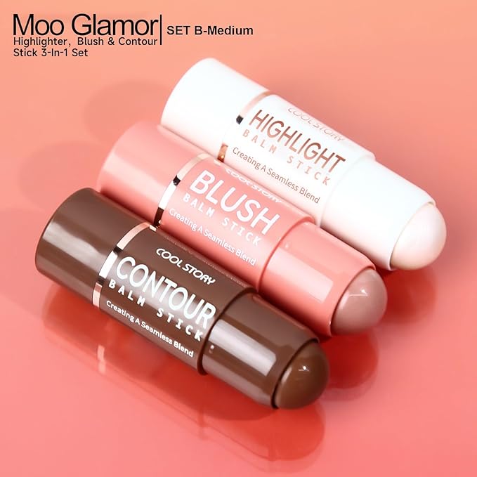 3-in-1 Highlighter,Blush and Contour Sticks Trio with Highlighter Stick Contour Stick and Blush Stick for Cheeks and Face Makeup (Set B Medium)
