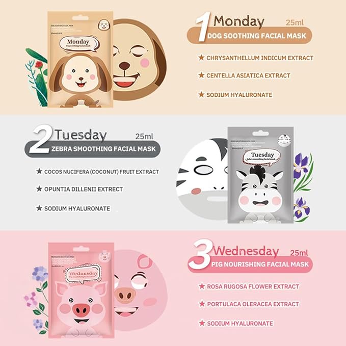 Kaely 6 Pack Animal Character Sheet Masks, Face Masks for Kids Teens Skin Care, Korean Soothe Facial Mask for All Skin Types, Girls Night Skincare Spa Party, Birthday Gifts for Women Men, Set03