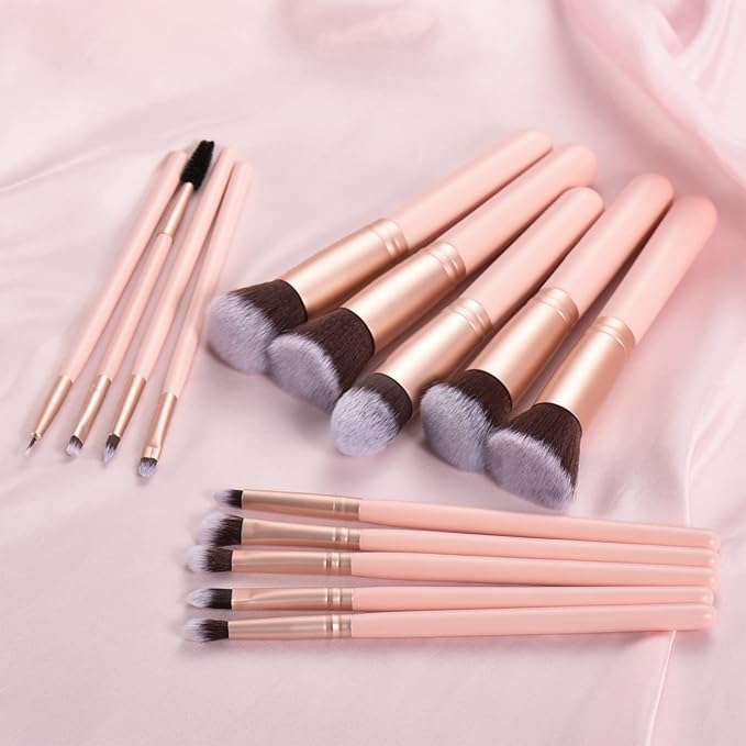 14 Piece Pink Makeup Brushes-Wooden Handle with Soft Synthetic Bristles,for Face & Eye Makeup|Professional Makeup Brushes set for Women & Girls|
